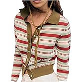 MakeMeChic Women's Striped Button Down Cardigan Sweater Long Sleeve Collared Fall Knit Crop Tops