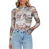Zeagoo Long Sleeve Shirts for Women Floral Mesh Sheer Top Mock Neck Double Lined Fitted Going Out Blouses