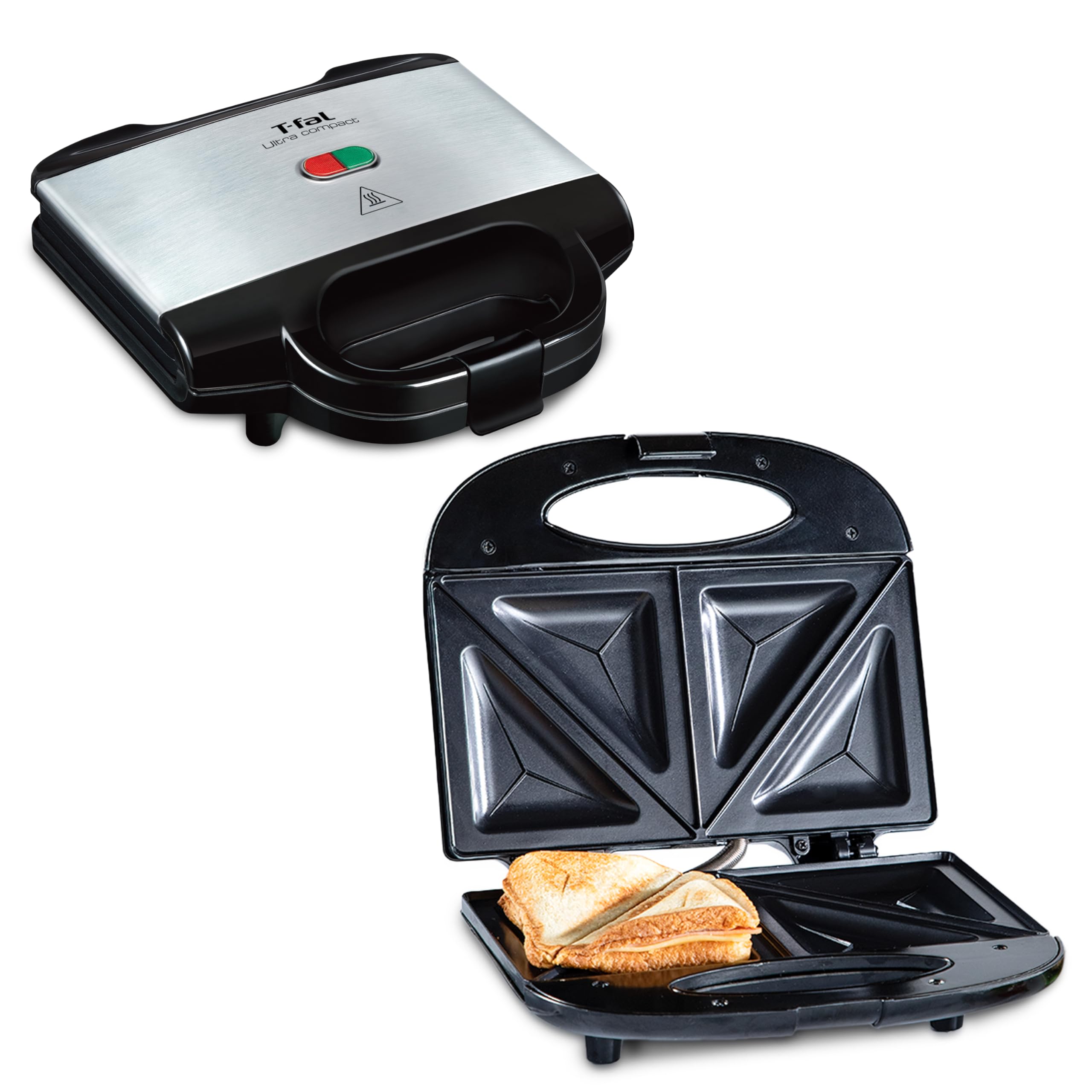 Photo 1 of **USED, DAMAGED** T-fal Compact Sandwich Maker, Stainless Steel, Easy to Clean, Indicator Lights, Cool Touch Handle, Grilled Cheese, Panini, 625 Watts, Black