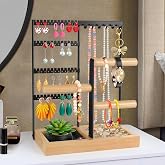 Godboat Jewelry Stand - 48 Holes Earring Holder, 4-Tier Necklace Organizer | 6 Hooks Jewelry Organizers and Storage, Bracelet Ring Rack with Wood Box, Preppy Gift Room Decor for Teen Girls Women, Black