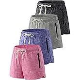 4 Pack Youth Girls Athletic Shorts 3", Girls Soccer Shorts, Kids Workout Gym Clothes Activewear Apparel with Zipper Pockets
