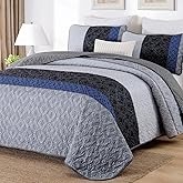 Cottolester Queen Quilt Set 3 Pieces,Gray and Blue Striped Quilt Set,Boho Farmhouse Bedspread Soft Microfiber Bedding Set for All Season 96"x90"