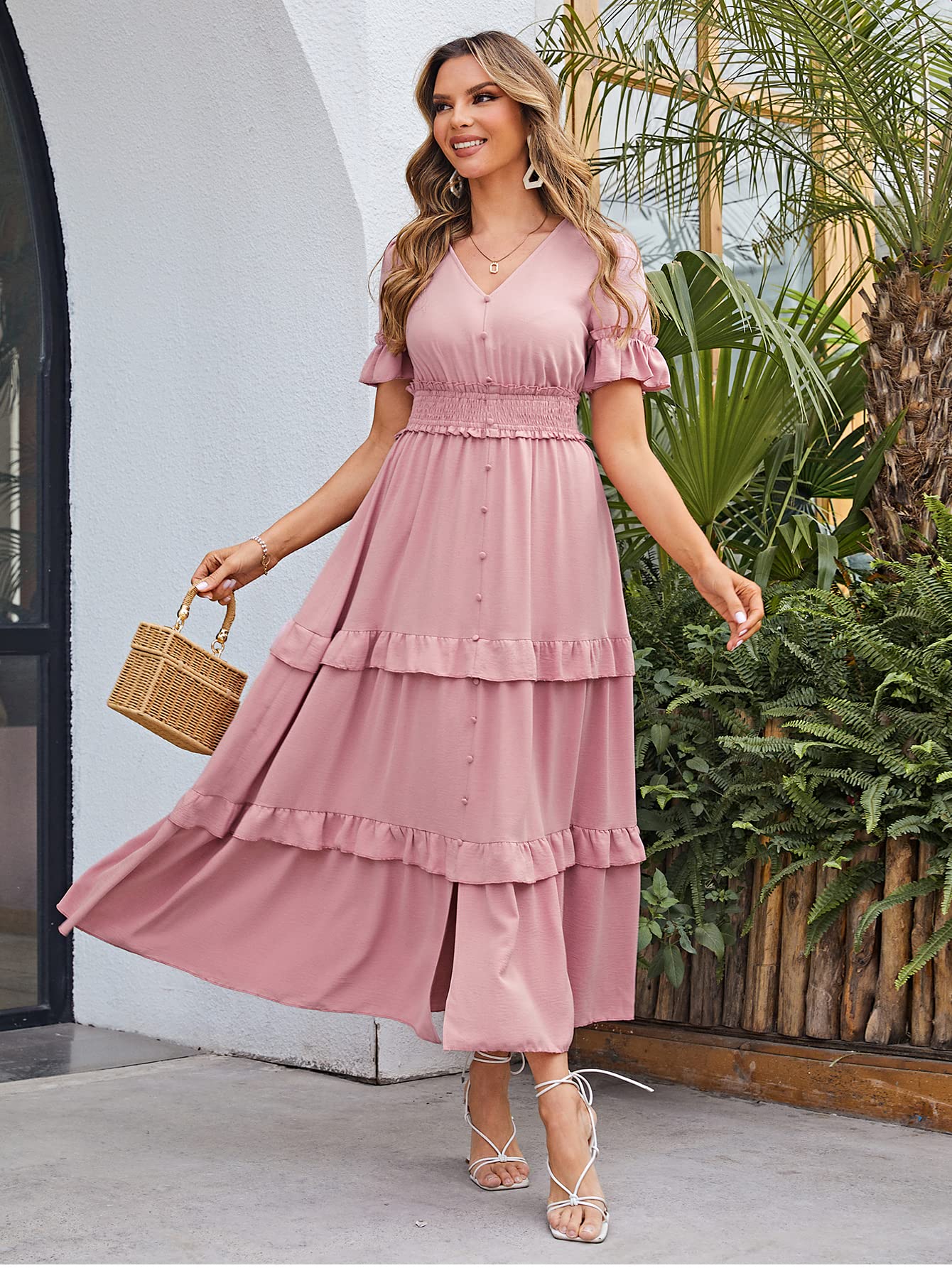 Condition photo showing New/Like New for amegoya women's v neck summer boho maxi dress wedding guest tiered ruffle sleeve long flowy dresses