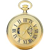 HOUSIA Vintage Mechanical Pocket Watch for Men - Moon Phase &amp; Imitated Tourbillon Design, Skeleton Face with Bold Numerals, Antique Silver Metal Case with Chain, Premium Keepsake Gift for Dad/Husband