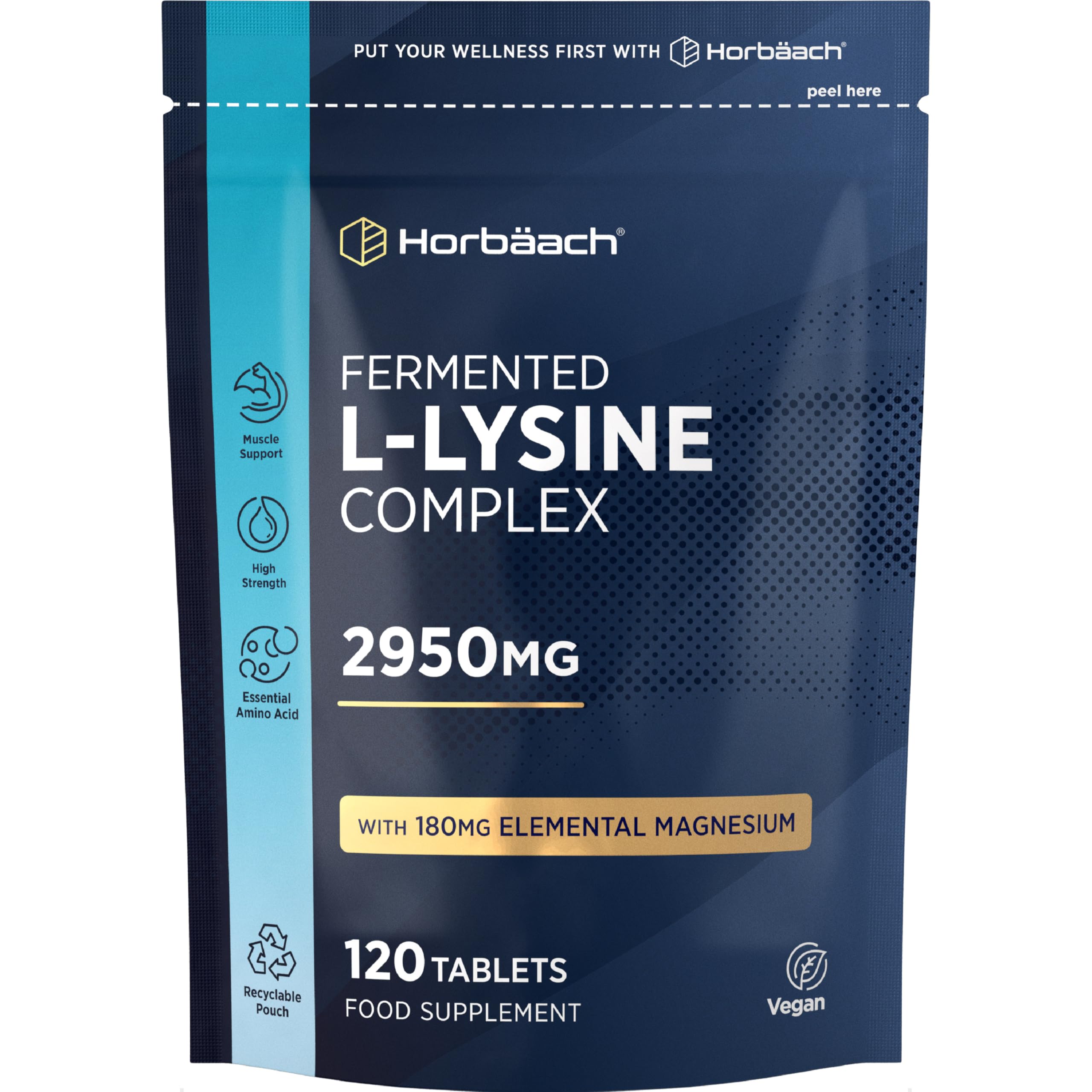 L-Lysine 2950mg | 120 Tablets | Essential Amino Acid | Premium Supplement | Vegan & Vegetarian | By Horbaach