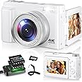 4K Digital Camera for Photography, 48MP Autofocus Vlogging Camera with 3'' 180°Flip Screen, 16X Digital Zoom Anti-Shake Compact Travel Camera with SD Card, 2 Batteries & Charging Stand - White