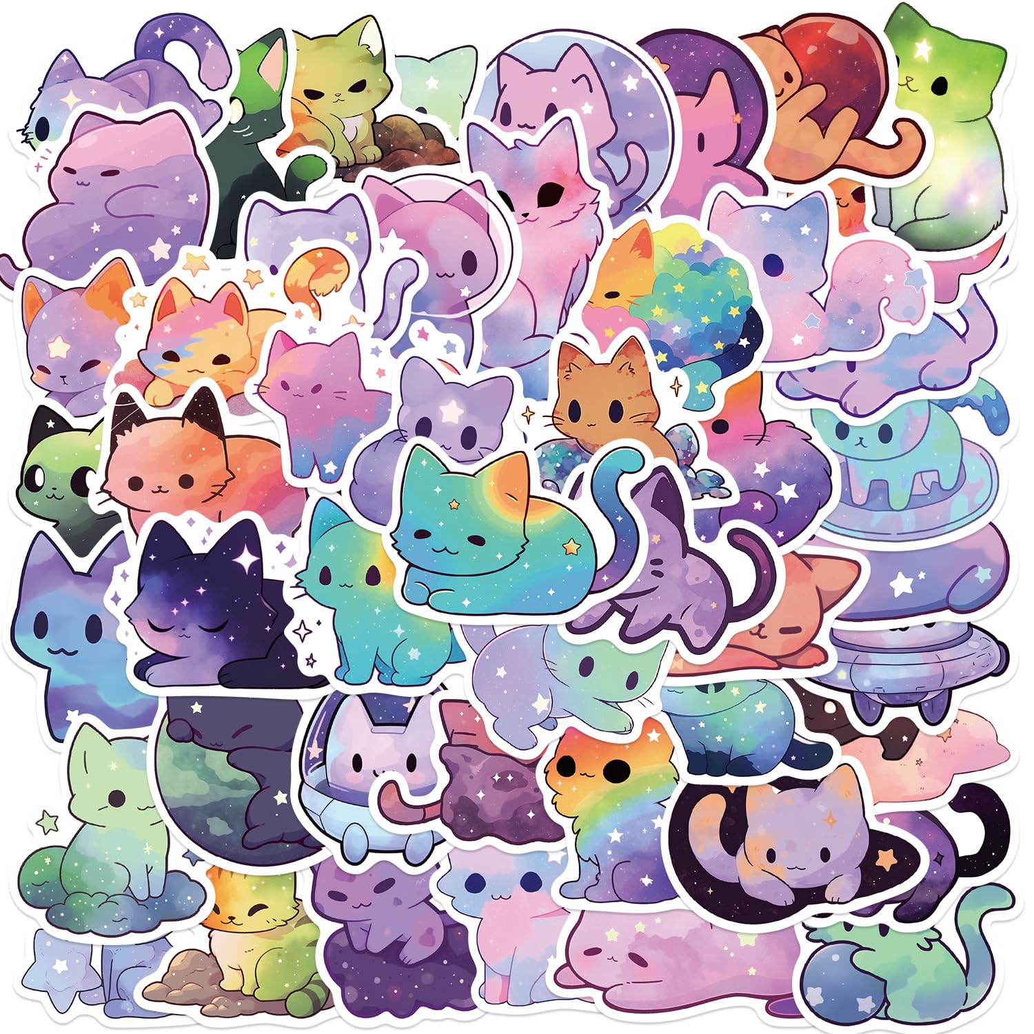 50Pcs Rainbow Starry Sky Cat Stickers Laptop Car Scrapbook Phone Skateboard Suitcase Luggage Bike Cat Vinyl Waterproof Aesthetic Personalised Stickers for Teens Boys Girls Adults