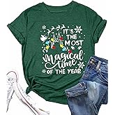Merry Christmas Shirt Women Xmas Lights Castle Graphic Tops Tee Casual Short Sleeve Holiday T Shirt