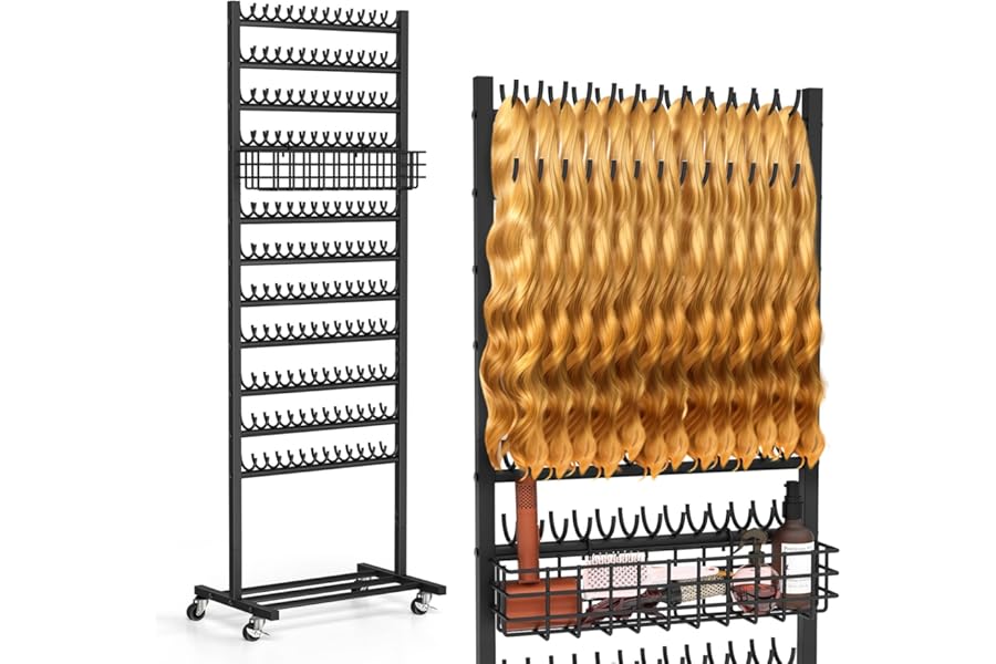 2-Sided Braiding Hair Rack with Wheels, Standing Hair Extension Holder with Salon Tray, Braiding Rack Stand for Hair, 286 Pegs Hair Racks for Braiders Standing,