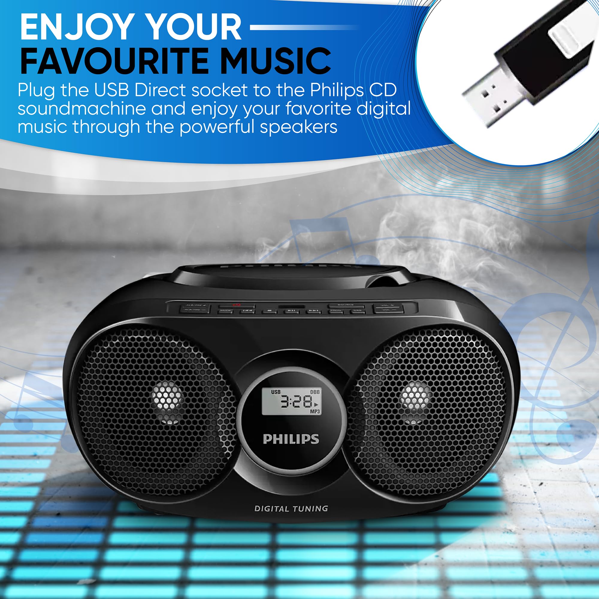 Philips Portable CD Player Boombox, Stereo Dynamic Bass Boost Speakers, Lightweight FM Radio CD Player with LCD Display, USB Playback, Aux Line-in, Boombox Portable for Home AZ318B/37
