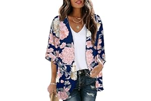 Chunoy Women Floral Print Lightweight Chiffon Kimono Cardigan Short Sleeve Loose Beach Wear Cover Up Blouse Top