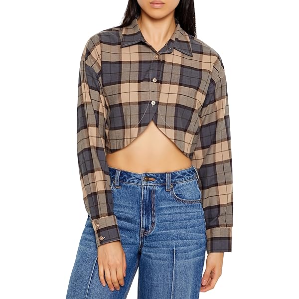 Lucky Brand Women's Raw Edge Plaid Cropped Button Down Shirt