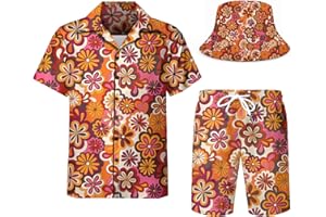 DOOPCCOR Men's 3 Piece Tracksuit Cuban Collared funny Hawaiian Shirt Shorts Button Down Sets With Bucket Hats