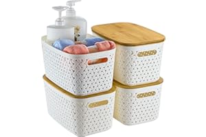 Anysig Plastic Storage Bins with Bamboo Lids 4 Packs - Pantry Organization and Storage Containers Storage Baskets: Stackable Storage Bins for Shelves Drawers Closet Office 11.9 x 7.7 x 6.3 inch