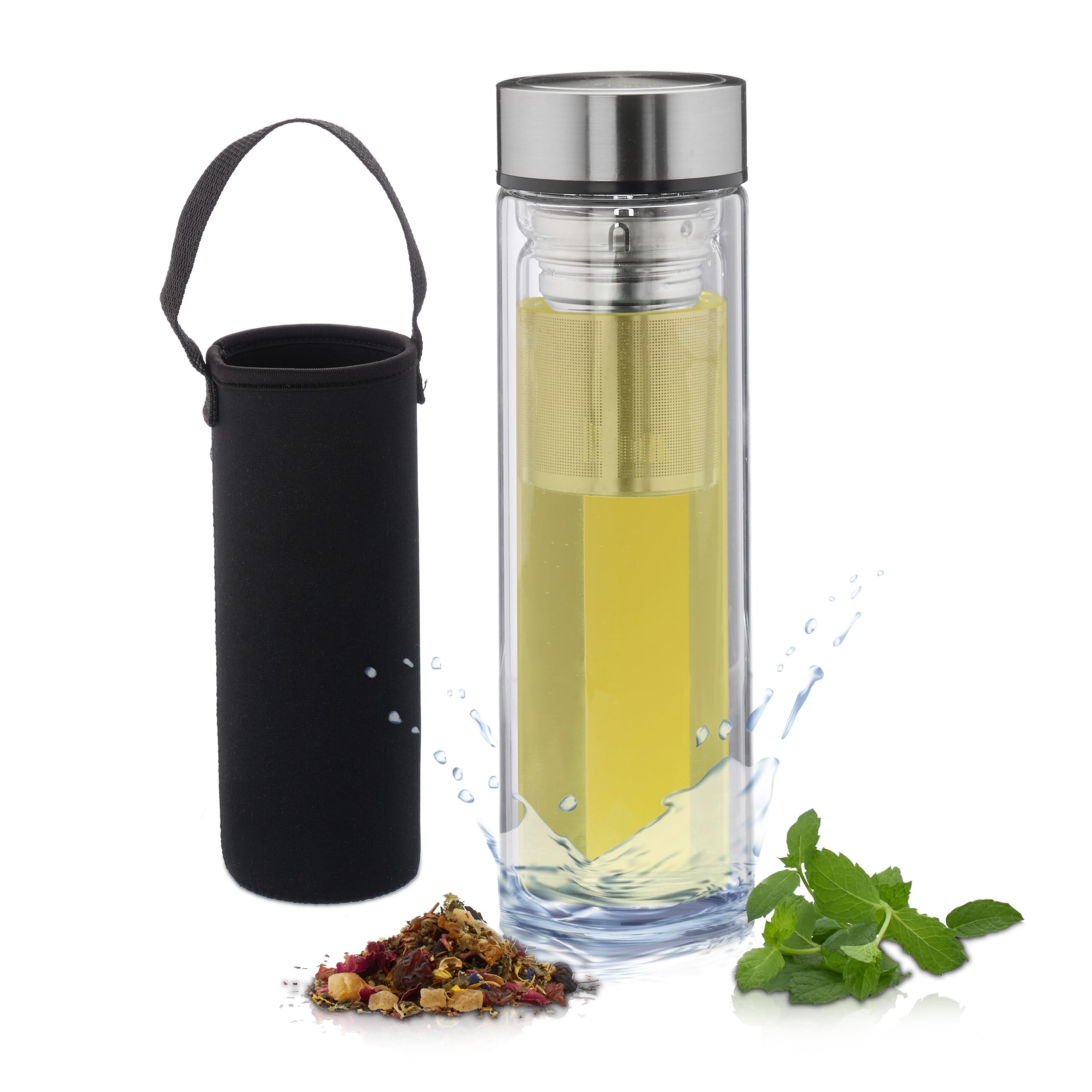 Relaxdays Tea Infuser Bottle, Bamboo Lid, Metal Strainer, Double-Walled Glass Tea Flask With Travel Bag, 450 ml, Clear