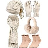 Geyoga 6 Pcs Women Winter Beanie Hat Scarf Gloves Ear Muffs Fuzzy Socks Set, Touchscreen Gloves for Thermal Gift Cold Weather