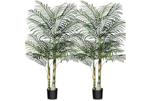 Kazeila Artificial Golden Cane Palm Tree, 5FT Fake Tropical Palm Plant, Pre Potted Faux Greenry Plant for Home Decor Office House Living Room Indoor, Set of 2