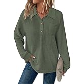 Balivsa Womens Tops Waffle Knit V-Neck Long Sleeve T-shirts Button Down with Pockets Tunic Fashion Clothing
