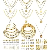 FAXHION 68 Pcs Gold Jewelry Set for Women with 7 Necklace, 17 Bracelet, 5 Hoop Earrings, 15 Stud Earrings, 24 Knuckle Rings f