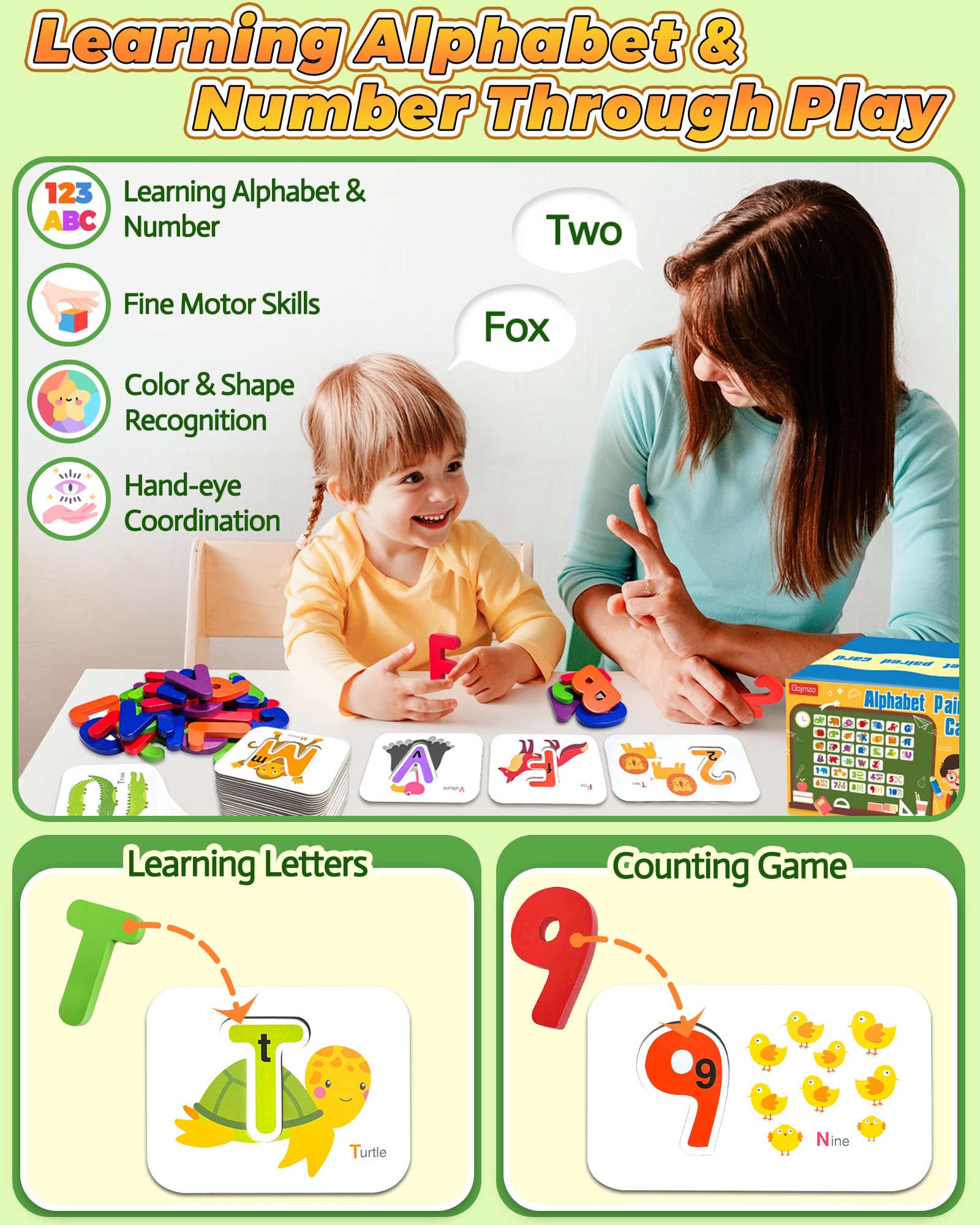 Alphabet Flash Cards, ABC Learning Toys for Kids 3-5, Wooden Letters Number Blocks Sight Words Matching Game, Toddler Preschool Learning Activities, Montessori Educational Toys for 3+ Year Old