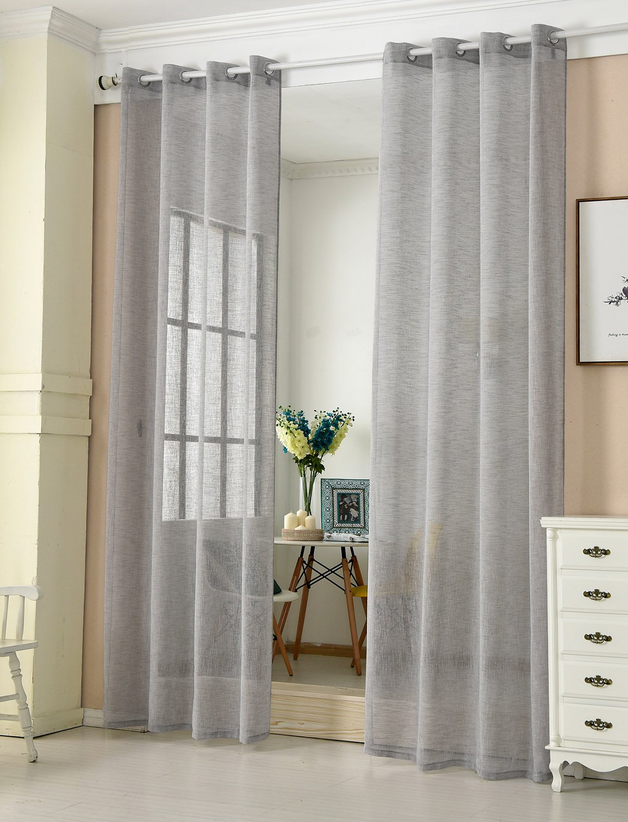 Laneetal Woven Voile Sheer Curtains Eyelet Top Bedroom Living Room Window Curtains in Dark Grey Linen Look 2 Panels W55 x L96 Inch
