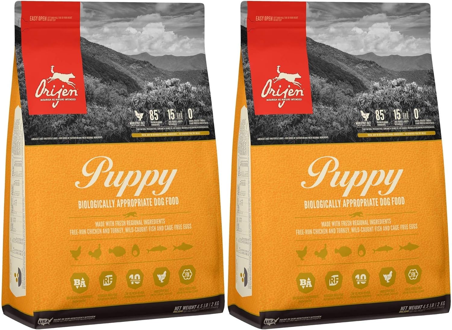 Orijen 2 Pack of Puppy Food, 4.5 Pounds Each, Biologically Appropriate Dry Dog Food, High Protein, Grain-Free, Made in The USA
