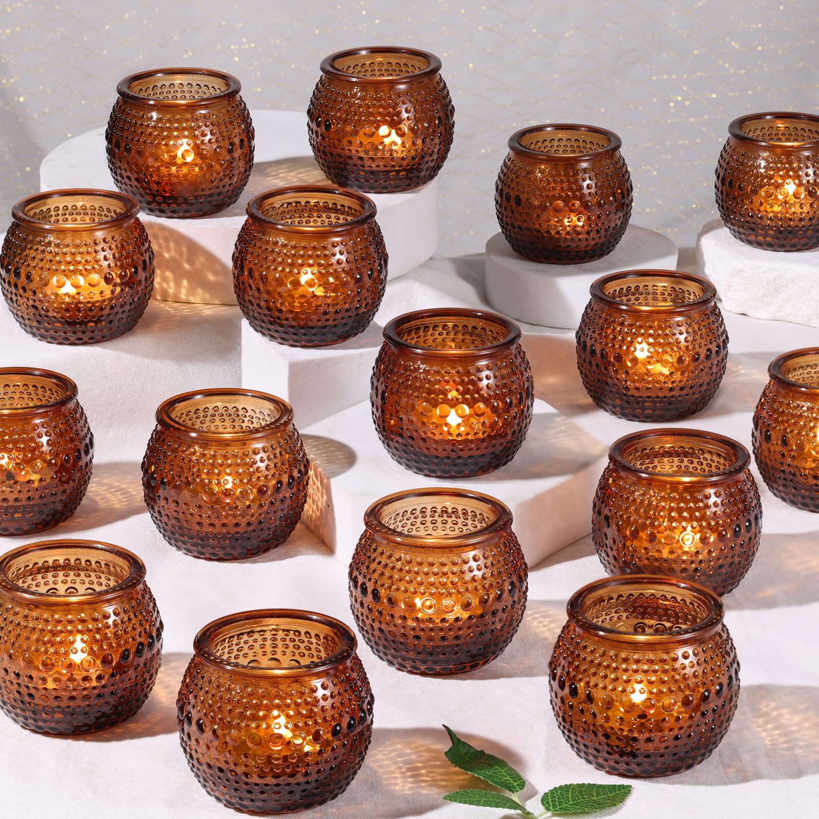 Photo 1 of 16 Pcs Amber Tea Light Candle Holders, Round Amber Glass Candle Holder with Polka Dot Embossed, Vintage Votive Candle Holders for Weddings, Home Decor, Baby Shower, Special Occasions