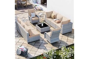 SWEECCI 10-Piece Patio Furniture Set, Outdoor Patio Furniture with Swivel Chairs Set, Thick Cushions, Modular Patio Sofa, Dual-Strand Wicker Rattan, Rust-Resistant Frame, Khaki