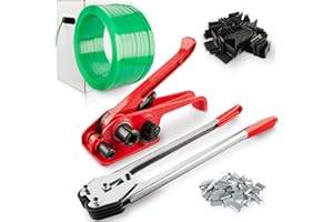 NROBOO Pallet Packaging Banding Strapping Kit with Heavy Duty Strapping Tensioner Tool, Banding Sealer Tool, 5/8" x 984' Polyester Strapping Roll, 100 Metal Seals, 100 Plastic Packaging Corner(Red)