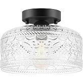 Semi Flush Mount Ceiling Light Fixture Black, Vintage Glass Light Fixtures | Upgraded Larger, Easy to Install, Modern Pendant Lamp Shade for Hallway Entryway Bathroom Bedroom, Bulb Not Include