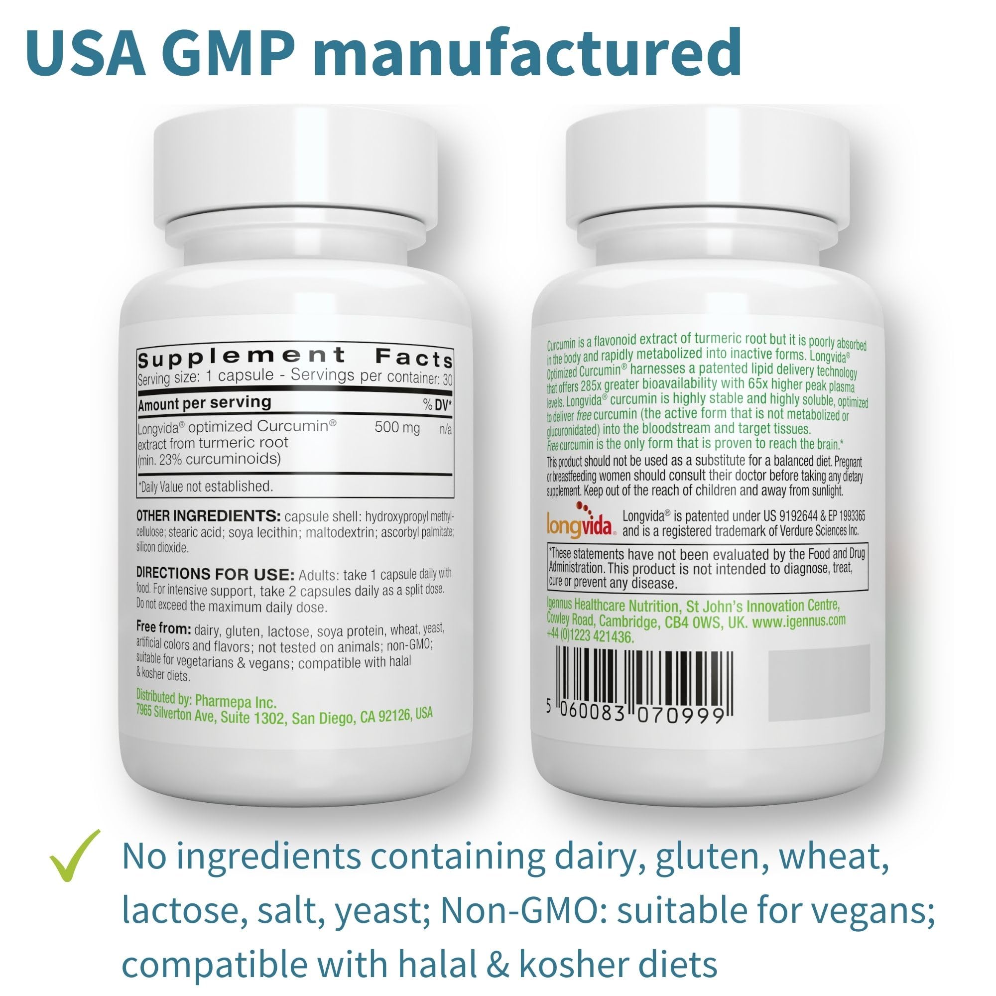 Igennus Longvida Lipidated Curcumin 500mg, Ultra Bioavailable & Sustained Action, 65x Higher Plasma Levels, Intensive Support, Free-Form Curcumin, Vegan, 30 Capsules