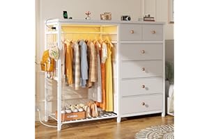 EnHomee 49.2" W White Dresser for Bedroom with Hanging Rack, 6 Drawers Dresser with LED Lights & Charging Station, Fabric Dressers & Chest of Drawers with Rack, Wooden Top, Grid Panel
