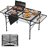 WildFinder Folding Table with 2 Wing Panels, 3x2 FT Camping Table with Mesh Desktop,Height Adjustable Folding Grill Table wit