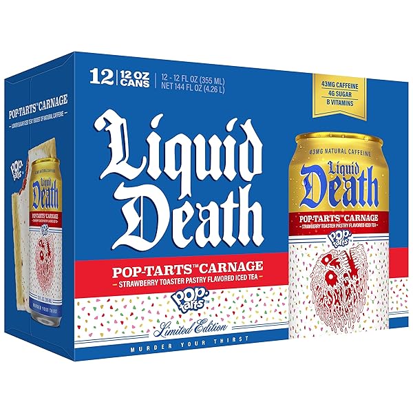 LIQUID DEATH ICED TEA, POP-TARTS™ CARNAGE (POP-TARTS® FROSTED STRAWBERRY TOASTER PASTRY FLAVORED BLACK TEA), LESS SUGAR*, BOOST OF CAFFEINE, B VITAMINS, NO ARTIFICIAL SWEETENERS, 12 FL OZ (PACK OF 12)