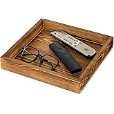 Hanobe Square Wooden Ottoman Tray: Small Square Tray Torched Wood Farm House Serving Plate for Coffee Table Rustic Candle Holder Distressed Organizer Storage for Remotes Keys Glasses 9.8"