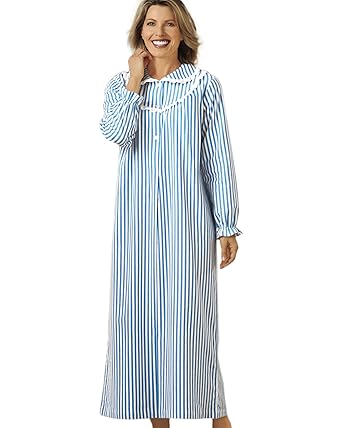 National Striped Flannel Nightgown, Aqua, Large - Misses Short- Misses ...