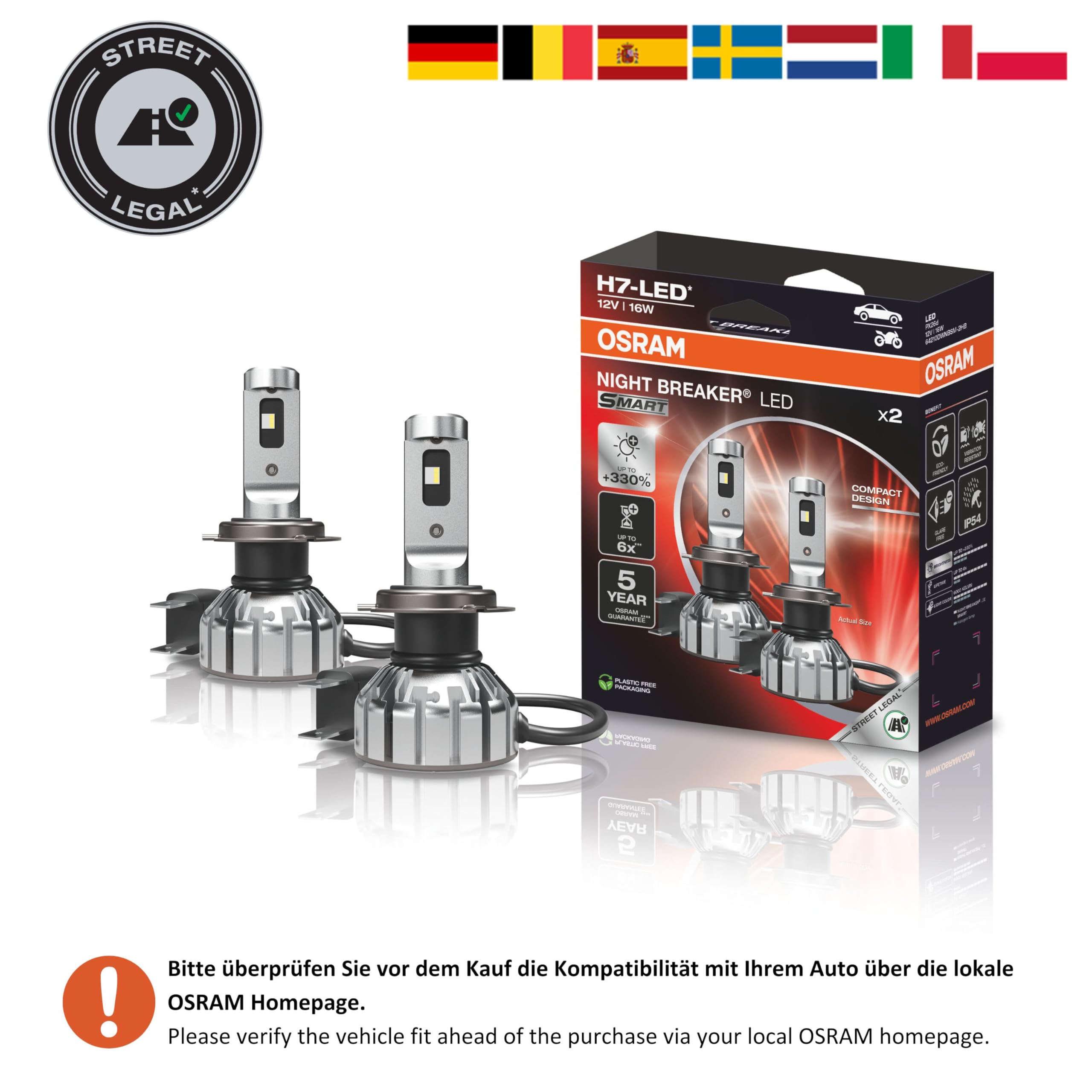 Osram NIGHT BREAKER LED SMART H7; bis zu 330% mehr Helligkeit; 6000K, 12V, LED-Fern- und Abblendlicht mit Straßenzulassung, white 2