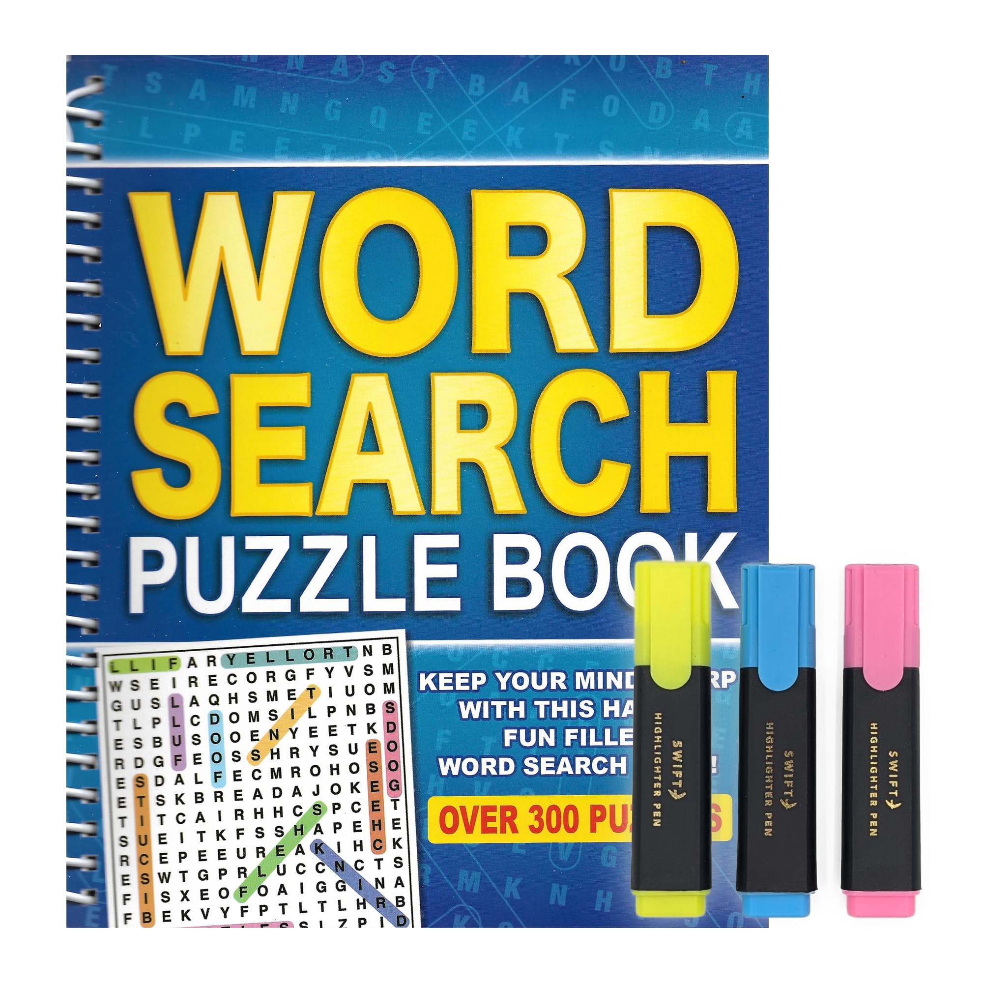 ihoot Spiral Word Search Books for Adults Bundle | Puzzles for Adults and Teens | 1x Book PLUS Handy Pack of Highlighter Pens | Brain Teasers Puzzle Book, Wordsearch Word Game
