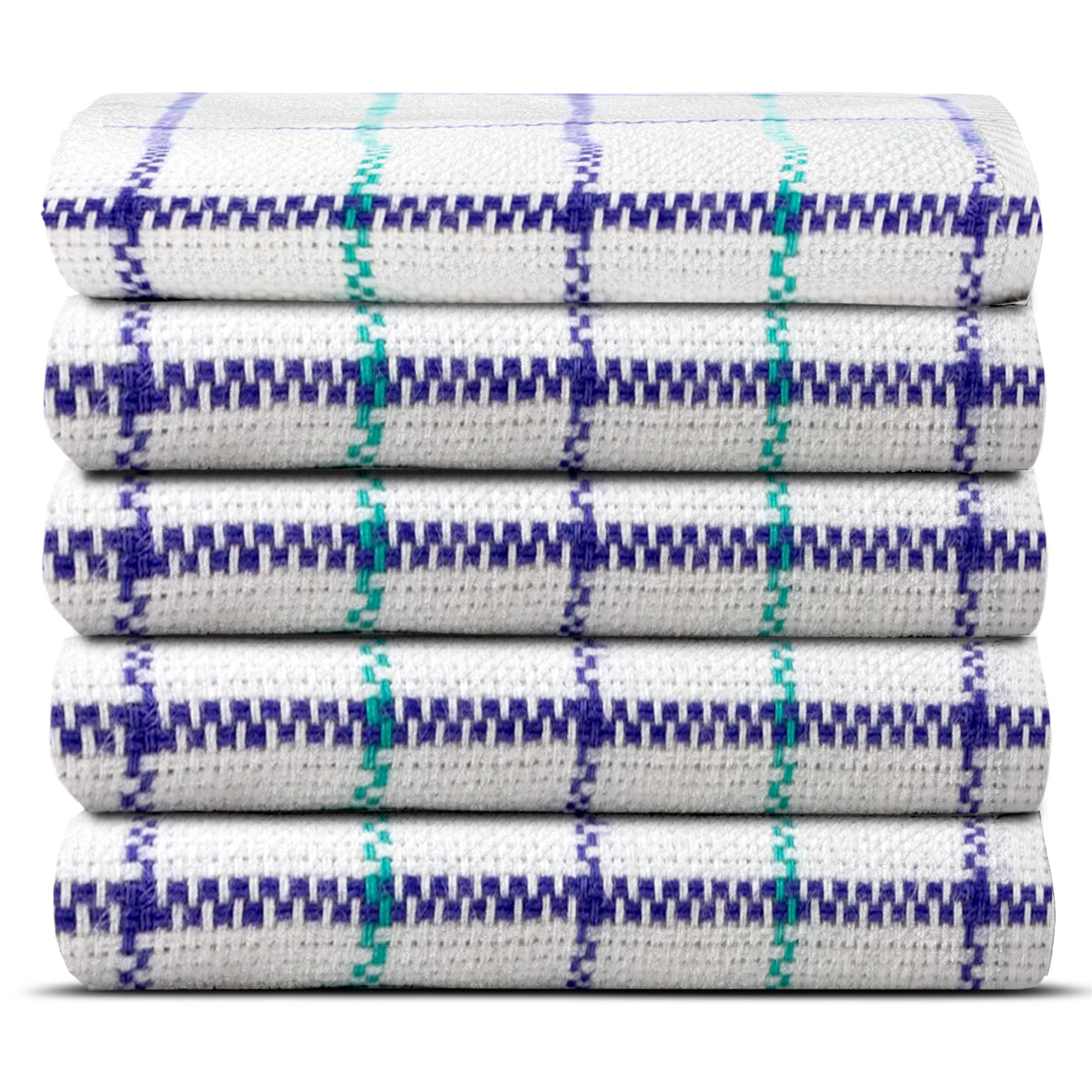 VL Linen Tea Towels Set of 5 – 100% Cotton Tea Towels for Kitchen, Lint Free Glass Dish Cloths, Wonder Dry Dish Towels with Hanging Loop, Extra Large Kitchen Towels (65x65cm, Blue Green)