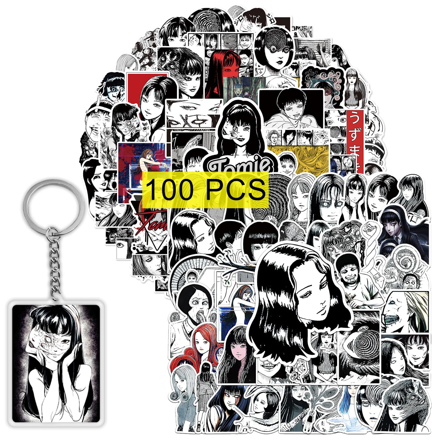 GTOTd Horror Tomie Stickers (100Pcs) with Keychain Decor(1Pcs) Viny Waterproof Manga Stickers for Teens DIY Decal Party Supplies for Water Bottle Luggage Guitar Skateboard