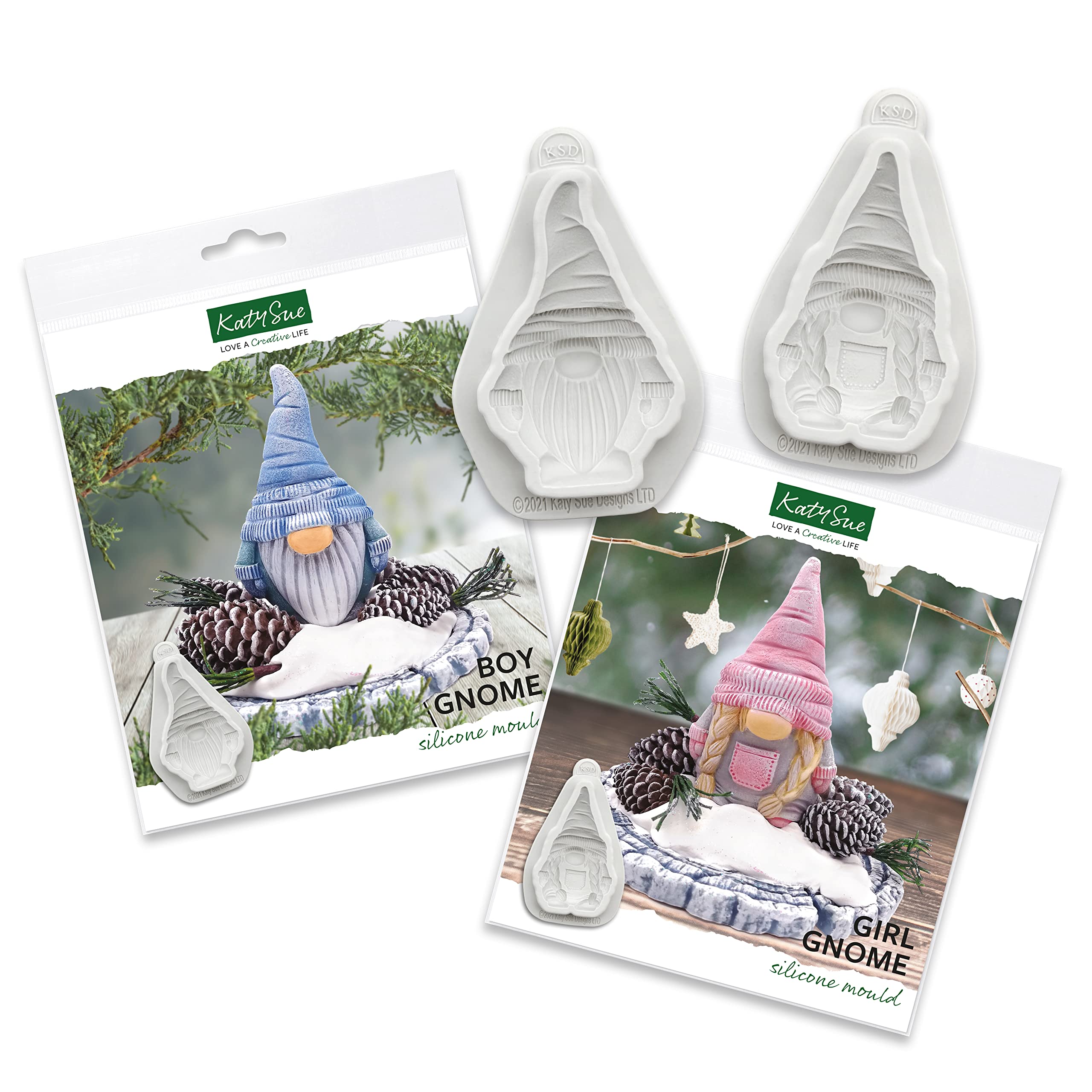 Katy Sue Boy & Girl Gnomes Silicone Moulds Set of 2 for Cake Decorating & Crafting. Makes 2 Gnomes/Gonks 90 Tall x 55 Wide in Millimetres for Fondant, Air Dry Clay, Polymer Clay. UK-Made.