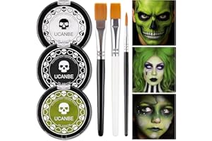 UCANBE White Foundation + Black Green Face Body Paint with Painting Brushes Halloween Makeup Set, Kids Adults Facepaint Kit for Witch Monster Grinch Shrek Hulk Alien Special Effects Make Up Cosplay Party