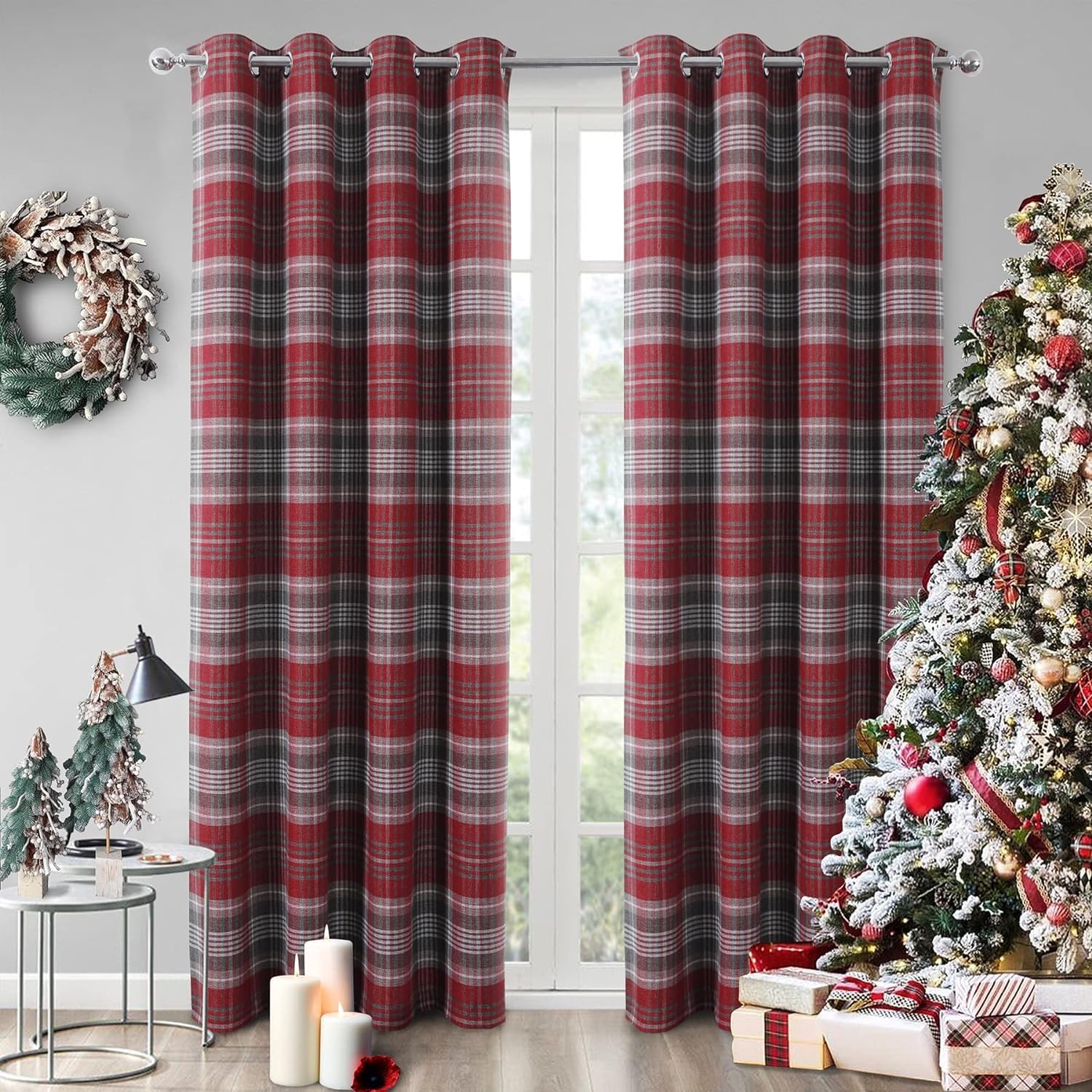 always4u Red Check Curtains Eyelet Ring Top Highland Tartan Curtain for Living Room Bedroom Burgundy Checked Fully Lined Pair of 90 * 90 Inches