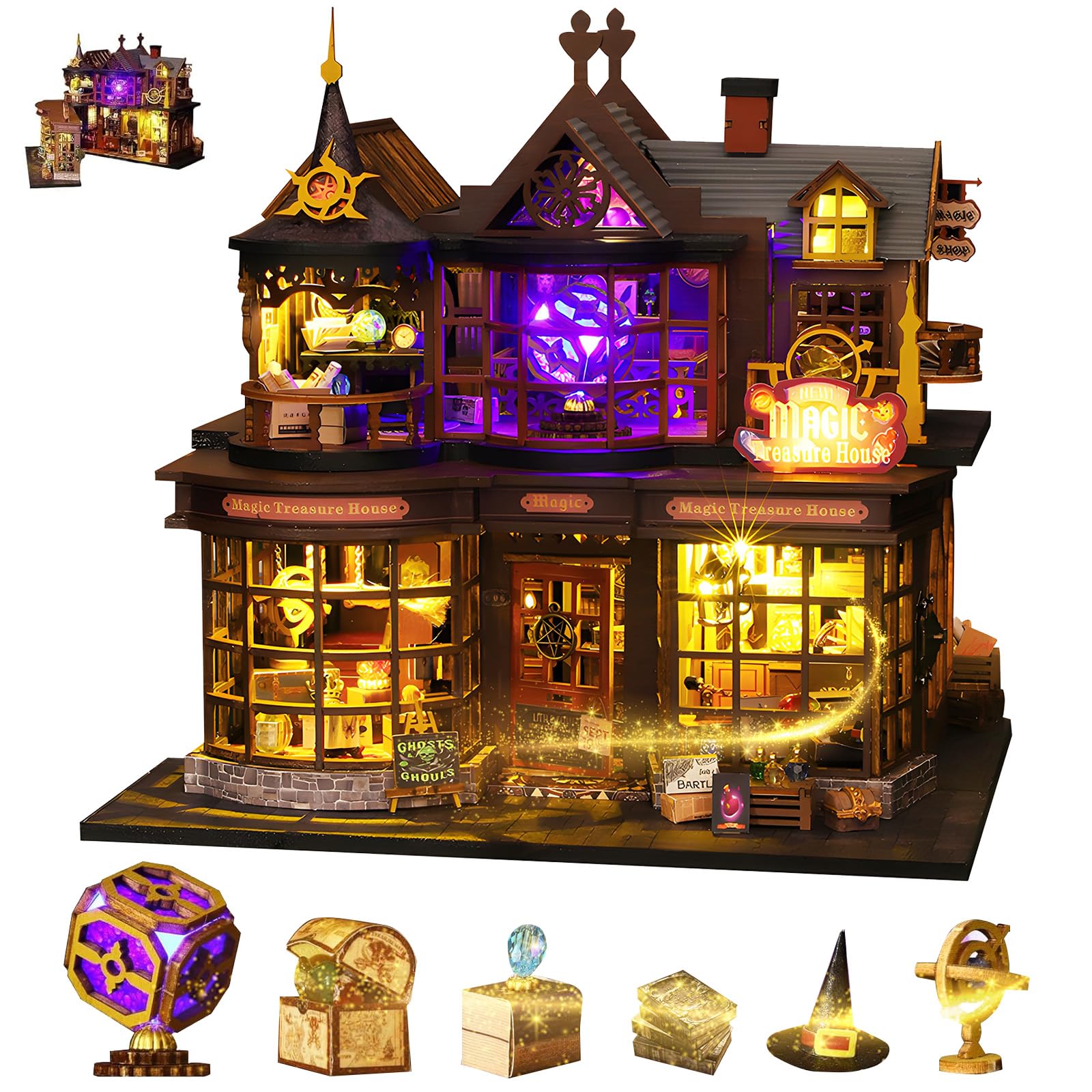 DIY Miniature House Kit, Magic Cabin House 3D Wooden Puzzles Dollhouse Bookshelf Insert Decor Alley, Miniature Dollhouse Bookends Model Build-Creativity Kit with LED Light for Girls Boys Adults