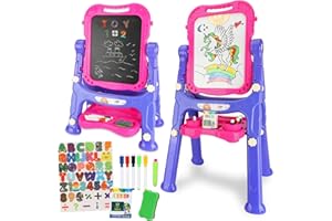 STEAM Life Art Easel for Kids, Double-Sided 4In1 Toddler Easel with Rotable Magnetic Chalkboard & White Drawing Board, Height Adjustable with Magnetic Letters & Numbers Gifts for Boys and Girls