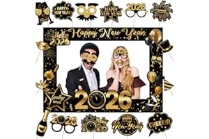 CHYAGCLT New Years Decorations 2026, Black Gold 15Pcs Happy New Years Photo Booth Props with Frame New Years Eve Party Supplies 2026 Selfie Props for Nye Party Supplies
