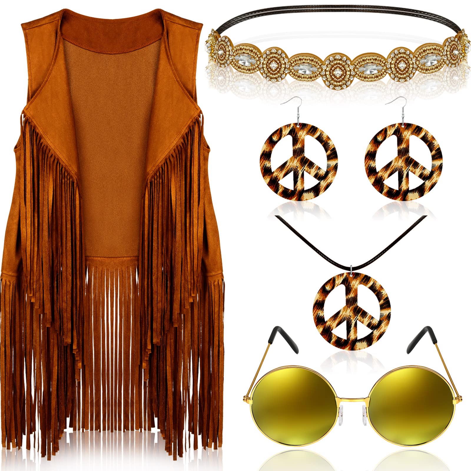 6 Pcs 60s 70s Hippie Costume for Women Peace Sign Earring Necklace Headband Fringe Vest Tassel Cardiga (Medium)