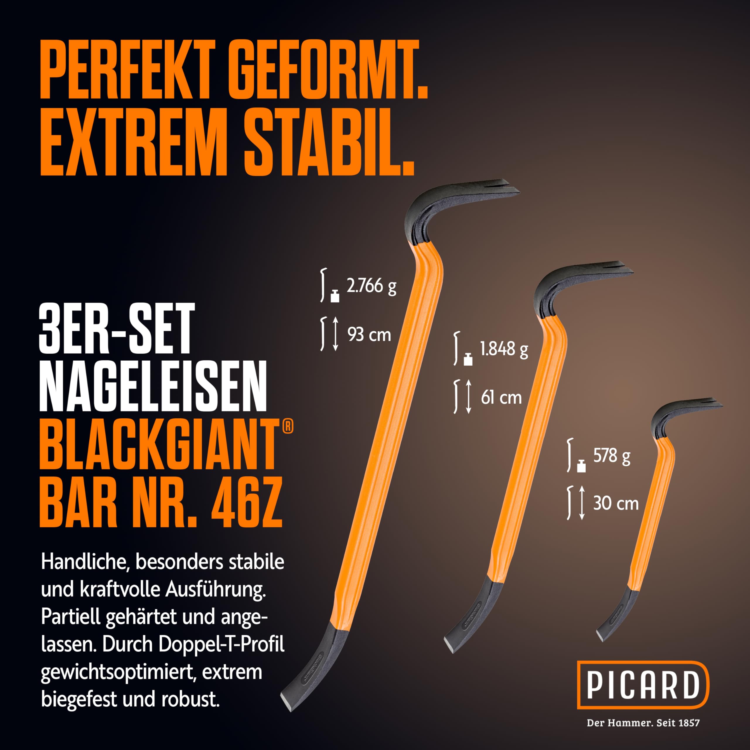 PICARD Nageleisen BlackGiant® Bar Nr. 46Z | Robust & Langlebig | 90° Maximaler Hebel | Rutschfest | 3er-Set (300/610/930 mm) | Ideal für Bauprofis & Handwerker 2