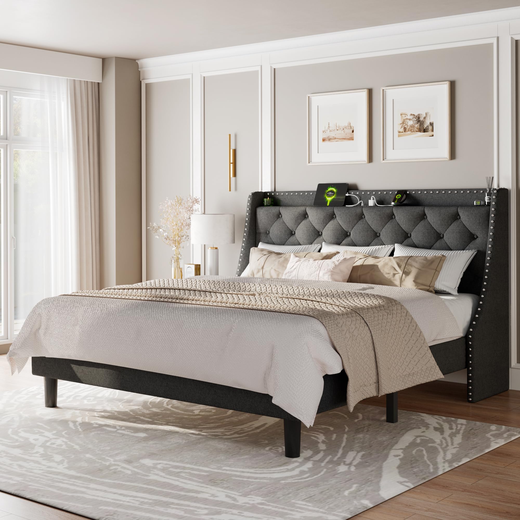 Photo 1 of *** missing all hardware***Feonase King Size Bed Frame with Luxury Wingback and Fast Charging Station,King Upholstered Button Tufted Storage Headboard Platform Bed,Sturdy Wooden Slats Support,Easy Assembly,Noise-Free,Dark Gray
*** missing all hardware***