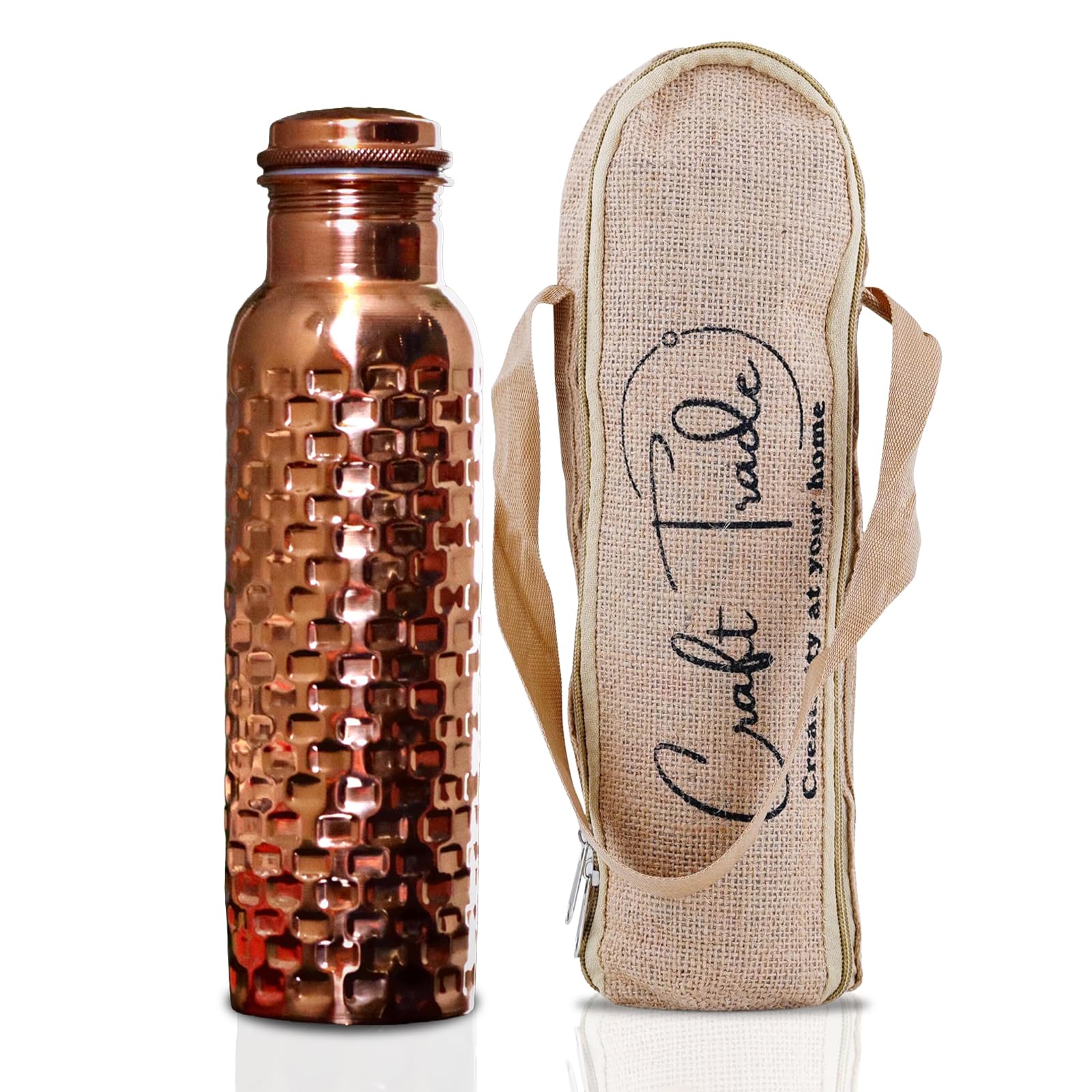 Craft Trade Copper Water Bottle Pure Copper Bottle with Lid and Carry Bag Leak Proof BPA Free Brick Drinking Bottle for Sport Fitness and Yoga - 1 Litre Natural